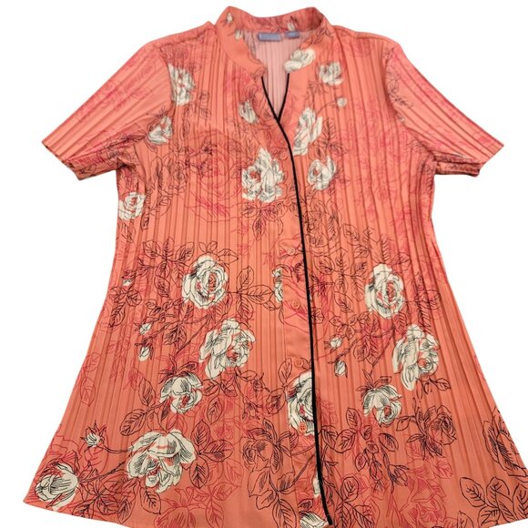 Laura Scott Large Floral Pleated Button-Up Coral Roses Short Sleeve Lightweight - Picture 1 of 9
